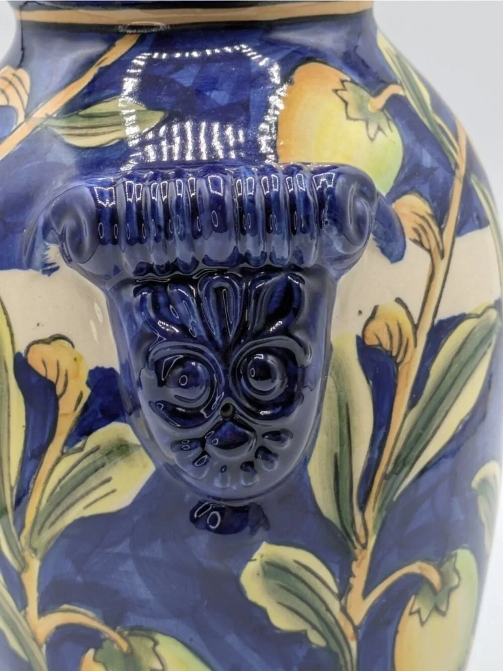 Vintage Handled Vase Cobalt Blue Majolica Mango Branch Ceramic 8